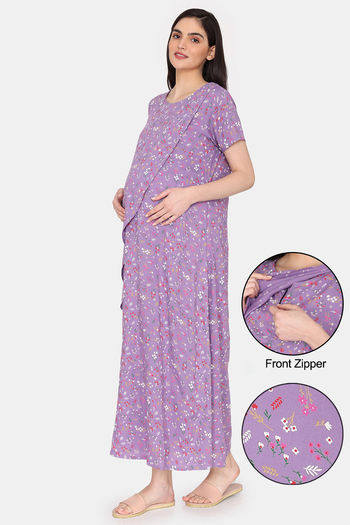 Buy Coucou Maternity Woven Full Length Loungewear Dress With Front Zipper And Discreet Feeding - Dusty Lavender